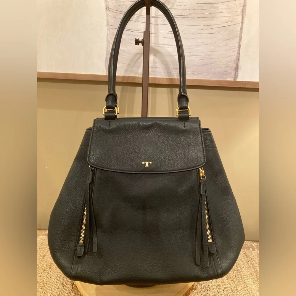 TORY BURCH Half-Moon Leather Satchel Tote Purse Handbag‎ Black Leather